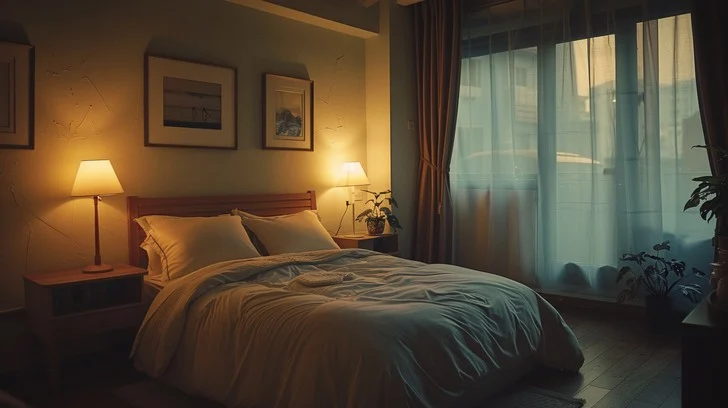 Tidy bedroom with soft evening lighting and neatly arranged bedding